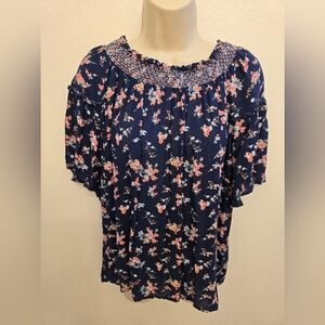 GAP Ladies Blue Floral Round Neck Puff Sleeve Blouse